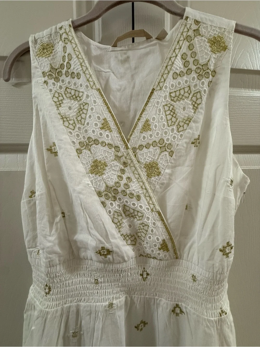 Soft Surroundings PS Petite Small White Gold Embroidered Cotton Midi Dress Boho